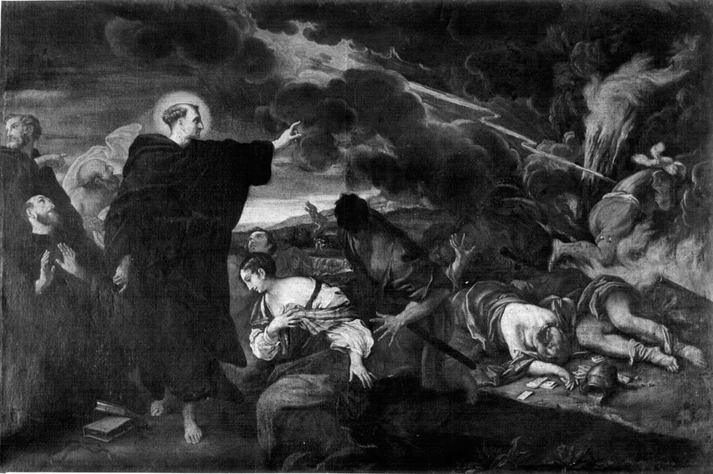 San Filippo Benizi fulmina i bestemmiatori (dipinto) di Rioli Francesco (sec. XV